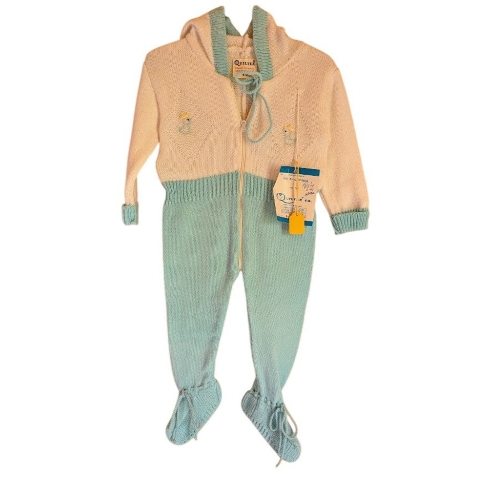 Vintage Quiltex Outfit Hooded Pram Suit Kids 6 Months Knit Duck Embroidery Cut